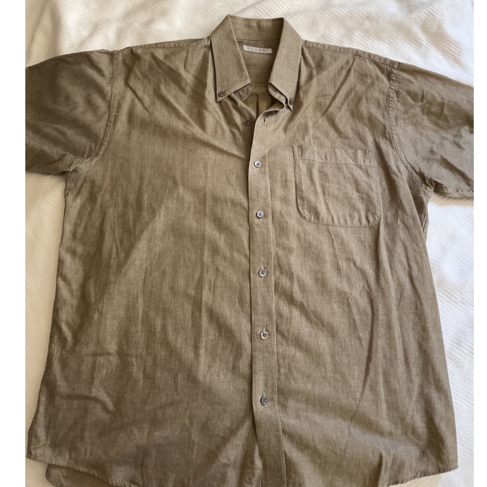Bogari Mens Short Sleeve Button Down Shirt Tan Khaki Textured 100% Cotton Large